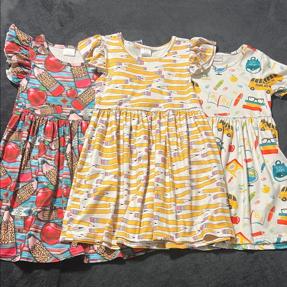 Lot of 3 dresses girls 4t-5t (110) back to school themes pencils apples ruffles